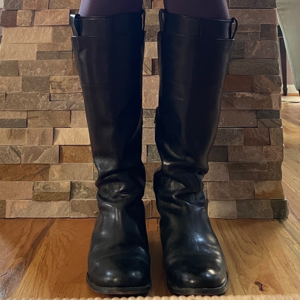 Frye Melissa Tall Riding Boots, black leather, knee high, low heel, size 9.5